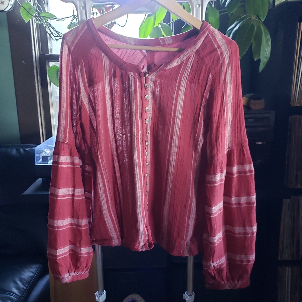 Free People red strip button front balloon sleeve top